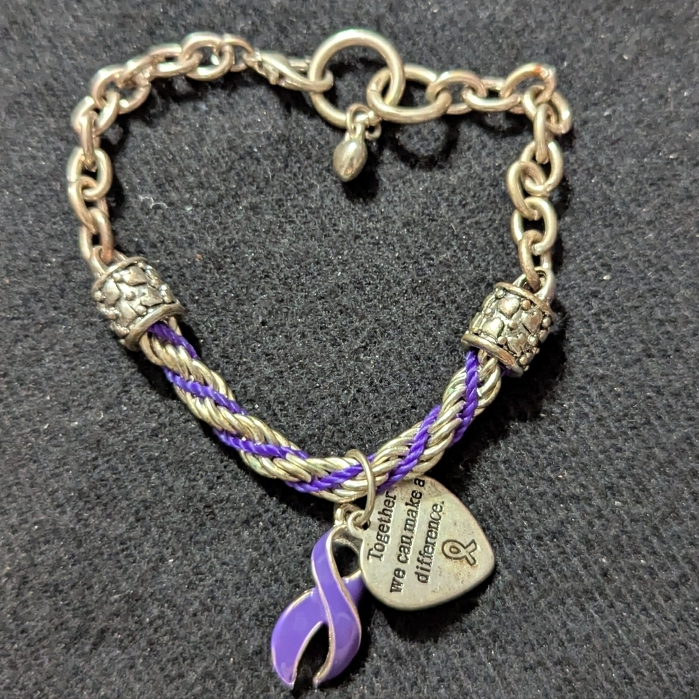 Silver Tone Purple Enamel Lupus Awareness Heart Ribbon Charm Statement Bracelet